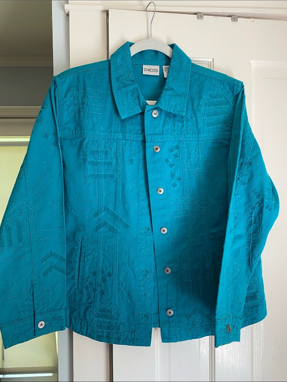 Chico's Teal Embroidered Button-Up Jacket